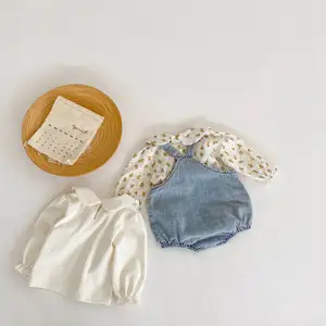Autumn New Baby Fashion Suit Baby Girl Denim Overalls and Doll Collar Long Sleeve Top Bottoming Shirt