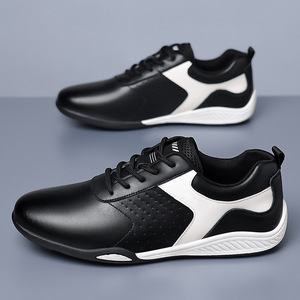 Chaussures de marche pour hommes, bout rond, cuir de vache véritable, doublure en maille respirante, semelle extérieure en caoutchouc, talon plat, couleur unie, baskets décontractées - Product Image 4