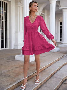 Ultimo Modello Estivo di <span class=keywords><strong>Abito</strong></span> in <span class=keywords><strong>Chiffon</strong></span> a <span class=keywords><strong>Maniche</strong></span> <span class=keywords><strong>Lunghe</strong></span> per Donna, Sexy Scollo a V con Puntini e Volant, Mini <span class=keywords><strong>Abito</strong></span> Aderente - Product Image 4