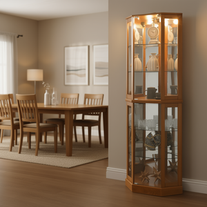 Vitrine d'angle en chêne avec 6 étagères, panneaux en verre réglables, éclairage intérieur et miroirs, construction en bois massif, Ho - Product Image 2