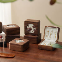 Boîte de rangement portable en bois de noyer noir pour bijoux, avec couvercle en verre brodé, pour colliers, bagues et boucles d'oreilles - Vente en gros