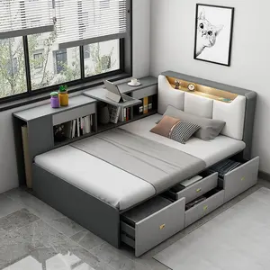 Furnitur hemat ruang Modern, kamar tidur penyimpanan dobel tunggal, tempat tidur kayu kembar fungsional