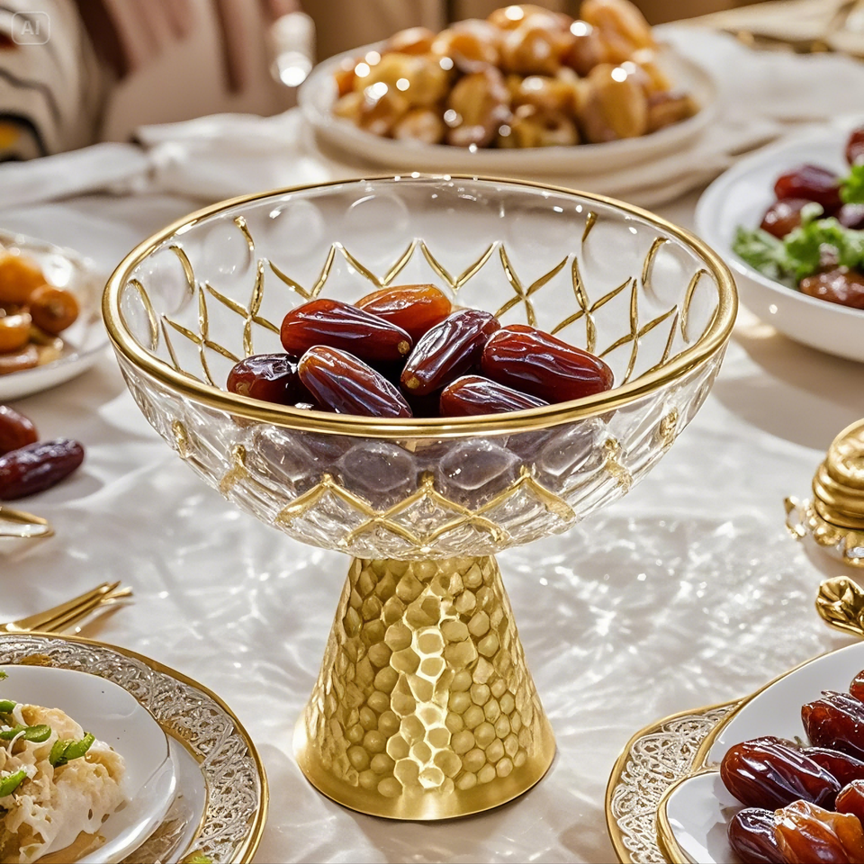 Round Gold-plated Islamic Fruit Bowl,Ramadan Home And Hotel Party Decoration,Luxury Metal Glass Date Tray,Bulk Wholesale 22