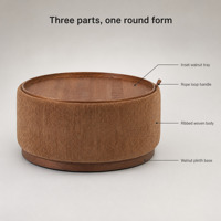 Pouf rond en chenille caramel, table basse rembourrée avec plateau en bois et base en bois, siège pour salon