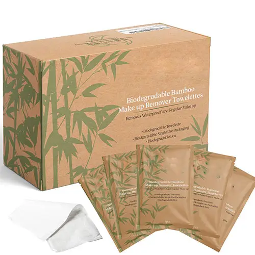 Makeup remover wipes individually wrapped. 100% biodegradable make up towelette and packaging Single Makeup Remover Cloth Facia