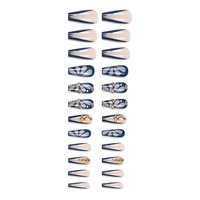 24 faux ongles longs carrés en ABS à presser, motif papillon bleu français de luxe, strass 3D, réutilisables, faits à la main, ongles artificiels