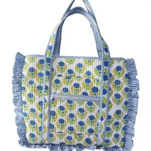 Handmade Quilted Tote <b>Bag</b> Floral Ruffle Print Cotton Shopper Tote <b>Bag</b> Eco-Friendly Kantha <b>Bag</b> <b>Boho</b> Market Tote Gift for Her - Product Image 1
