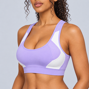 Soutien-gorge de sport pour femme, couleur lavande et blanc, col ras du cou, dos nageur, maille respirante, maintien moyen, yoga, design sans couture - Product Image 3