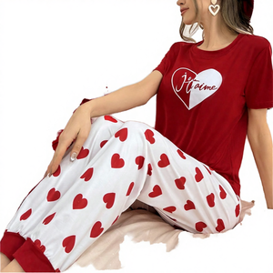 Conjunto de Pijamas para Mujer con Estampado de Corazones en Colores Contrastantes, Cintura Elástica y Transpirable, Ropa de Dormir Linda para el Día de San Valentín, Envío Inmediato - Product Image 4