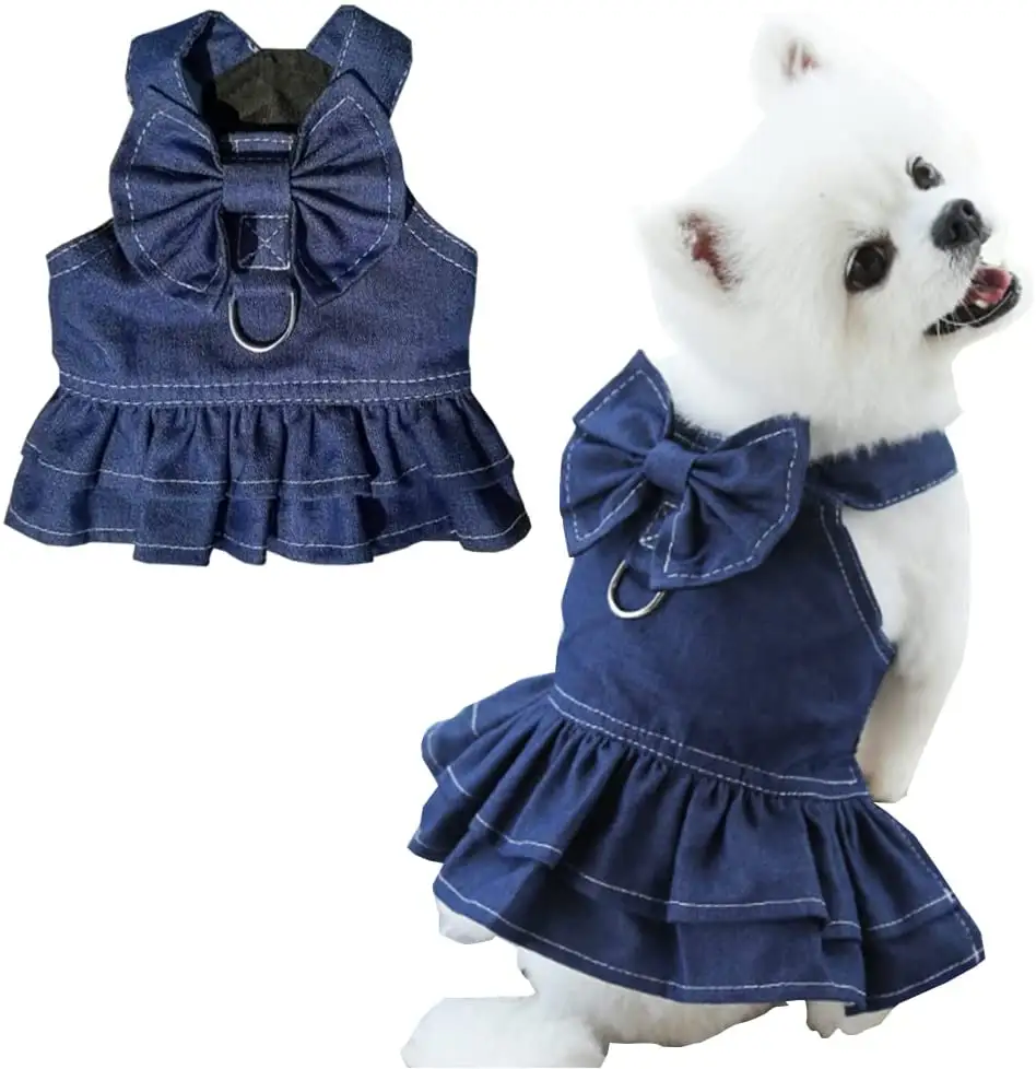 Dog Denim Dresses with Cute Bowknot Cat Princess Vest Skirt with D-Ring Pet Spring Summer Clothes Puppy Walking Harness Outfits