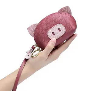 Creative cute Elephant pig versatile Genuine leather key ring card holder coin purse first layer cowhide Mini Keychain Wallet