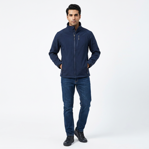 Veste Softshell Unisexe Bleu Marine Foncé en Toile, Coupe-Vent et Imperméable, Col Montant, Capuche, Style Vintage, Automne 2026, Haute Qualité - Product Image 1