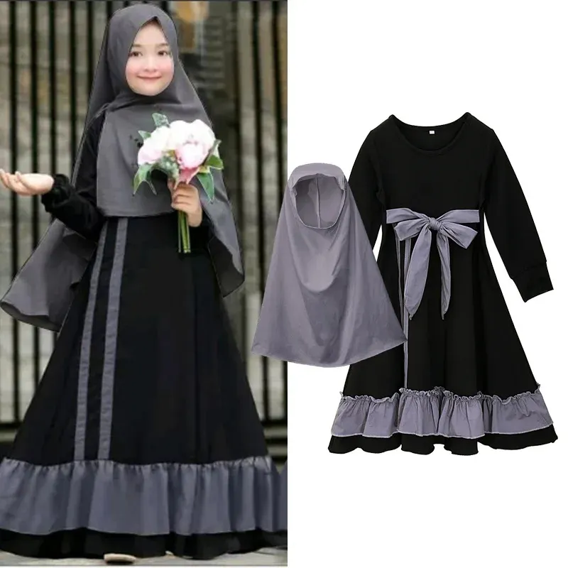 Arabisches Kind langes Kleid Kopftuch islamischer Jilbab Kaftan Kleid muslimisch 2-teilig Ramadan-Sets Kinder Mädchen Gebetskleid Hijab Abaya