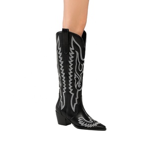 Bottes de cow-boy/cowgirl noires pour femmes, bout pointu, hauteur genou, style western rodeo, avec talon épais de 6 cm, toutes saisons, dessus en PU - Product Image 4