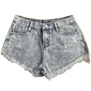 KY Vintage Đau Khổ Túi Hông Rách Quần Jean Sờn Hem Tẩy Rửa Quần Short Denim Nữ