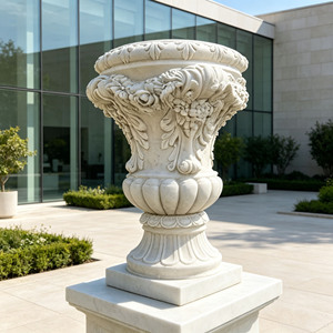 Vase décoratif en marbre sculpté à la main de style néoclassique pour jardin et parc, pot de fleurs en marbre blanc, pot de fleurs en pierre pour jardin - Product Image 2