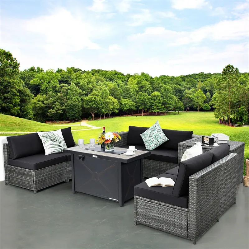 Modernes Freiluft-Patio-Gartensofa-Set Weide Rattan-Gartenfurniture mit Feuerstelle Tisch