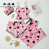 Ensemble pyjama 4 pièces pour femme, taille plus, rose et noir, imprimé cœurs, côtelé, avec short et pantalon, et bonnet de douche