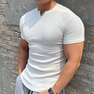 Streetwear de haute qualité 240Gsm T-shirts pour hommes T-shirts personnalisés en coton Spandex côtelé col en <span class=keywords><strong>V</strong></span> pour hommes - Product Image 4