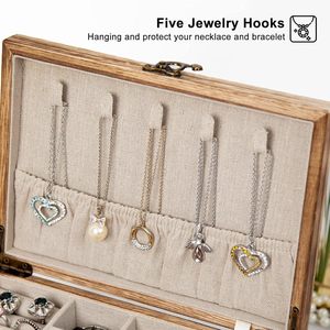 Wooden Jewelry <b>Box</b> Double Layer Linen Lined Storage Organizer With Drawer For Rings Necklaces Earrings <b>Vintage</b> Style Rectangle - Product Image 3