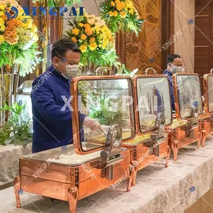 XINGPAI peralatan restoran emas mawar piring chaffer prasmanan katering baja tahan karat piring chafing hidrolik set prasmanan