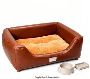 Summer Washable <b>Raised</b> Pet <b>Bed</b> Solid Wood <b>Frame</b> Waterproof Leather Luxury Premium Dog Cat <b>Bed</b> <b>For</b> Small Big Dogs - Product Image 1