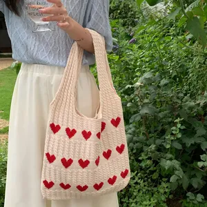 Kustomisasi grosir tenun rajutan tangan tas Tote tangan beberapa warna wanita Mesh tas pantai Hari Valentine hati merah