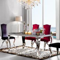 Top en verre noir avec miroir et 6 chaises en acier inoxydable, Table à manger moderne en acier inoxydable, 4 places avec pieds de serpent