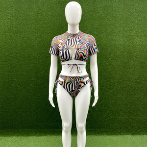 Ensemble de maillots de bain découpés pour femmes, col montant, manches courtes, imprimé, en spandex et polyester, extensible, haut et bas de bikini - Product Image 1
