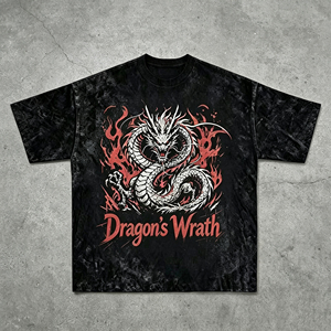 T-shirt Oversize Nera Lavata da Uomo, Stampa Grafica Dragon's Wrath, Maglietta Vintage Casual a Maniche Corte <span class=keywords><strong>Stile</strong></span> Streetwear - Product Image 1