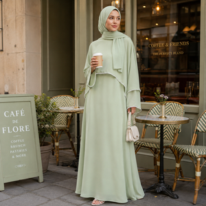 Set Abaya Hijab in Chiffon Premium a Strati, Vestito Interno <span class=keywords><strong>con</strong></span> Collo Tondo e <span class=keywords><strong>Mantella</strong></span>, Elegante <span class=keywords><strong>Abito</strong></span> Modesto, Fornitore OEM <span class=keywords><strong>con</strong></span> Etichetta Privata - Product Image 3