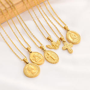 Collier vintage en acier inoxydable avec pièce de monnaie ronde, ange vierge, croix, couleur or 18 carats, bijoux à chaîne, vente en gros de cadeaux pour femmes - Product Image 6
