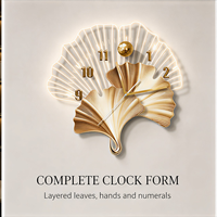 Horloge murale en forme de feuille de Ginkgo, en porcelaine cristalline, en forme d'éventail, dorée, décorative, analogique, pour le salon, la salle à manger, la décoration d'hôtel