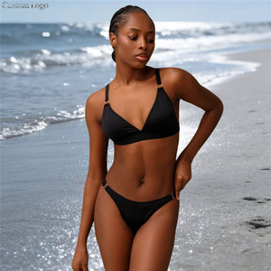 Bikinis Sexys con Logotipo Personalizado para <span class=keywords><strong>Mujer</strong></span>, Bikini de 2 Piezas con Tirantes Finos, Trajes de Baño de Color Sólido, Traje de Baño Triangular - Product Image 1