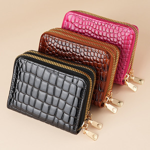 Porte-cartes poli en cuir PU, portefeuilles courts, porte-monnaie à double fermeture éclair avec porte-clés, pochette à motif crocodile gaufré - Product Image 1