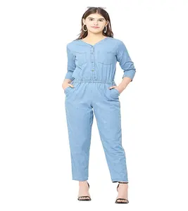 Casual 3/4 Sleeve High Waist One Piece Jean Overall Playsuit fashion trap stylish Demin Jumpsuit Women elastic waist with poc