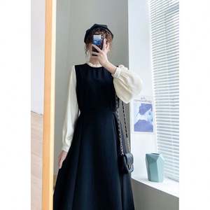 Otoño francés nuevo diseño retro mujer manga larga vestido sólido Delgado falsificar dos piezas moda dama cuello alto A-line vestido - Product Image 4