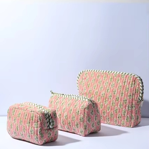 Multi-colour Pure Cotton Quilted Floral Printed <b>Toiletry</b> Bag Batting YKK Brass Zippers Classic Durable for Great Price - Product Image 1