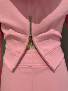 Của phụ nữ tùy chỉnh-thực hiện Logo Thời Trang rửa dây kéo giản dị đội mũ trùm đầu dài tay thêu áo và quần hai mảnh thiết lập - Product Image 5