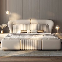 Meubles de chambre à coucher en bois de luxe, lits rembourrés doux, cadre de lit double king size en cuir confortable avec rangement intégré