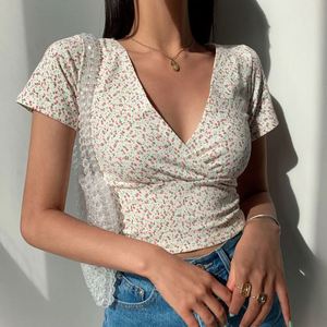 I-0668 Camiseta de Verano al por Mayor, Moda de Verano, Más Vendida, Cuello en V, Ajustada, de Manga Corta, con Estampado Floral, Top Elegante para Mujer - Product Image 6