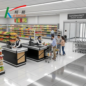 Bancone Cassa Personalizzato in Acciaio e Legno dal Design Moderno con Nastro Trasportatore e Scaffalature, Antiruggine e Durevole per Supermercati - Product Image 1