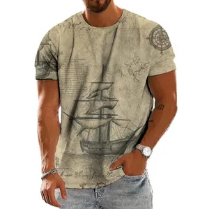 Kaus motif Digital bahari lengan pendek pria Streetwear Eropa dan Amerika dengan bahan poliester leher-o bulat