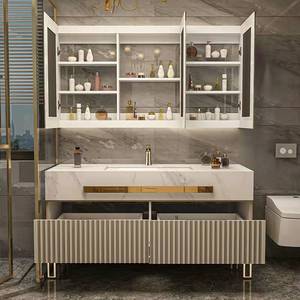 Rock Plate Integrated Basin Light Coiffeuse <span class=keywords><strong>de</strong></span> <span class=keywords><strong>salle</strong></span> <span class=keywords><strong>de</strong></span> <span class=keywords><strong>bain</strong></span> murale <span class=keywords><strong>de</strong></span> luxe en bois massif avec miroir et lavabo pour appartements d'hôtel - Product Image 5