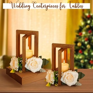 Lanterne de table en bois vintage pour mariage, support de bougie décoratif avec roses pour événements en extérieur - Product Image 4