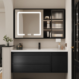 Meuble de salle de bain de style mi-moderne, luxe léger, avec miroir intelligent et plan de travail en céramique noire, finition grain de bois foncé et rangement intégré. - Product Image 3