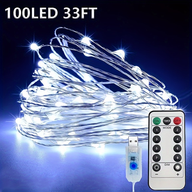 33FT 100 LED Copper Wire Fairy String Lights 8 Modes USB Powered with Remote Control Indoor Christmas Decoration