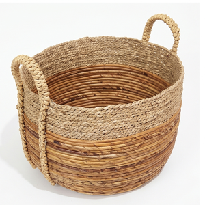 <b>Large</b> Round Two-Tone Wicker Storage <b>Basket</b> with Handles, Handwoven Natural Seagrass Laundry Hamper and Blanket Bin - Product Image 2