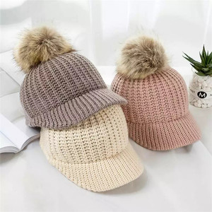 Chapeau d'hiver pour bébé avec pompon en fourrure, casquette de Baseball tricotée pour enfants, réglable, couleur unie, garçons et filles, chapeaux de soleil - Product Image 1
