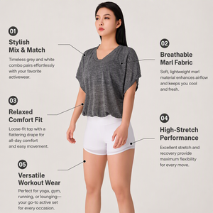 Haut de sport gris premium pour femme, col en V, coupe ample, manches chauve-souris, et mini-short blanc taille haute assorti pour le yoga - Product Image 2